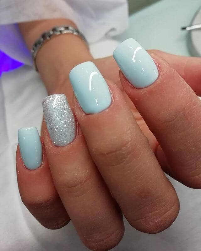 Classy Tiffany Blue Nails with Glittery Accent