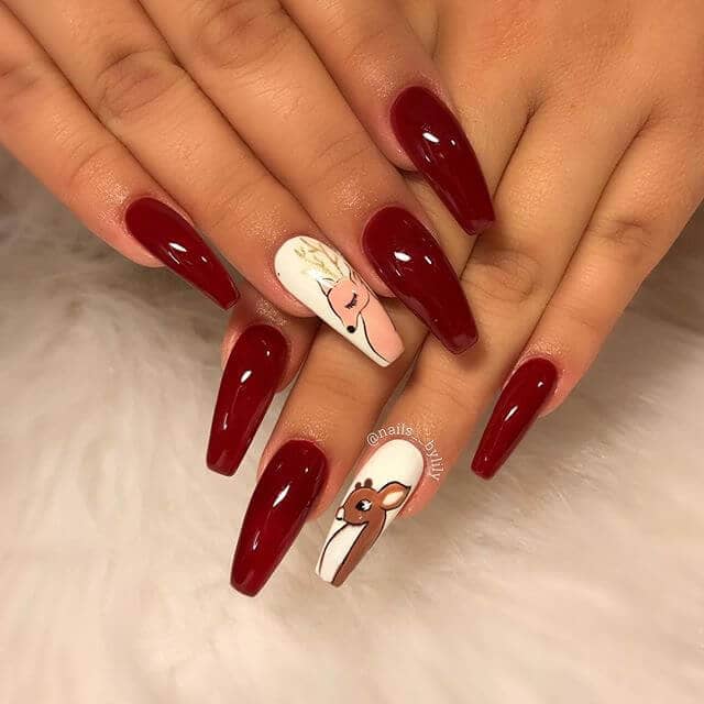 Adorable Christmas Red and Reindeer Burgundy Nails