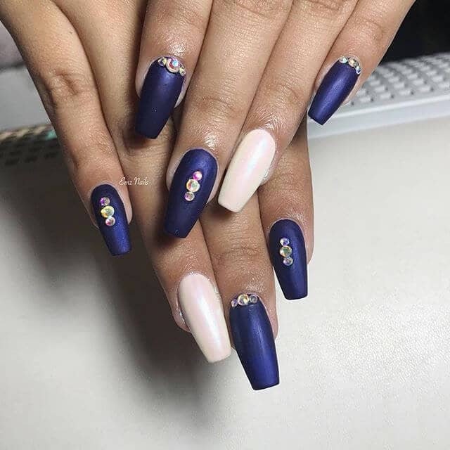 Matte Royal Blue and White Studded Nails