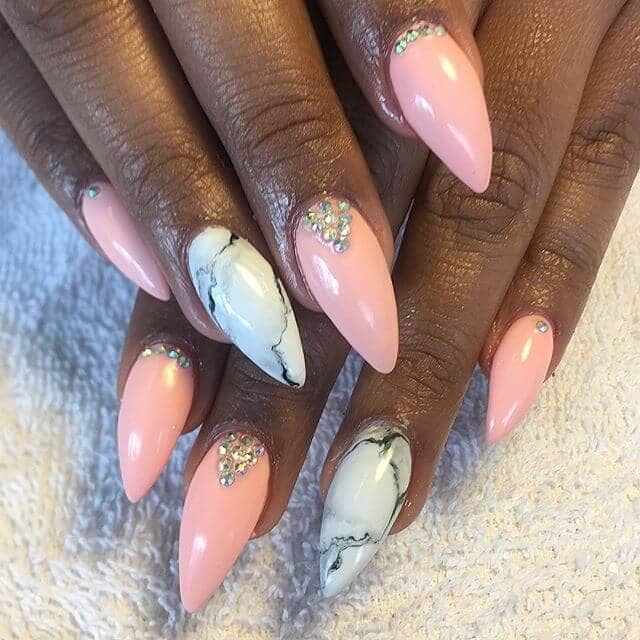 Cute Pink Stiletto Nails with Crystal Accents