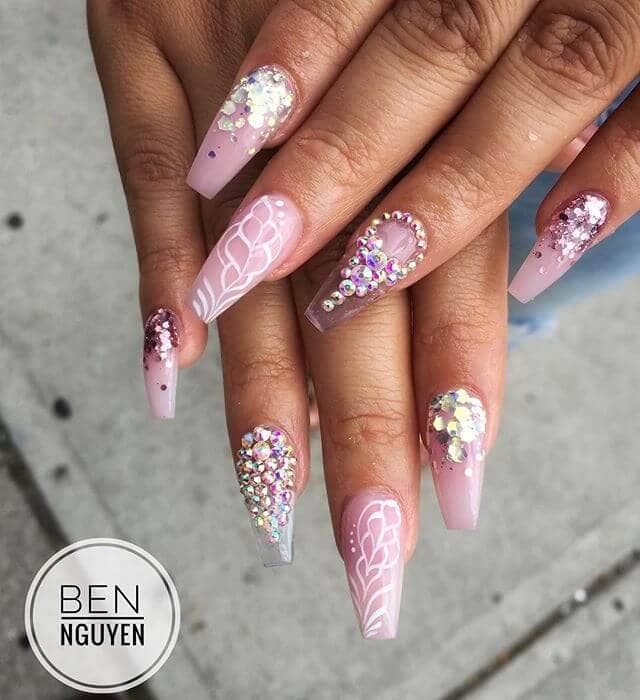 Pink and White Pearl Diamond Encrusted Nails