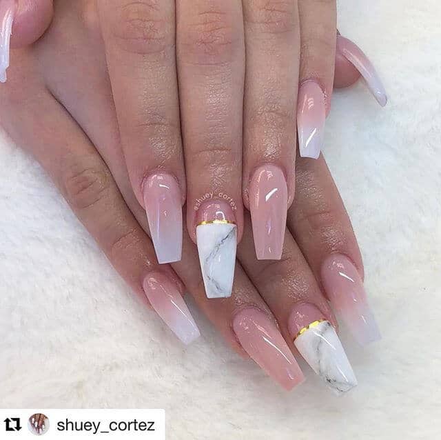 Geometric Glossy Mani with Marbled Tips