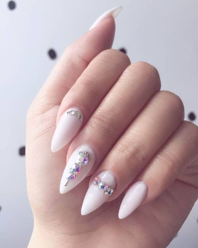 White Almond Nails with Diamonds Embedded