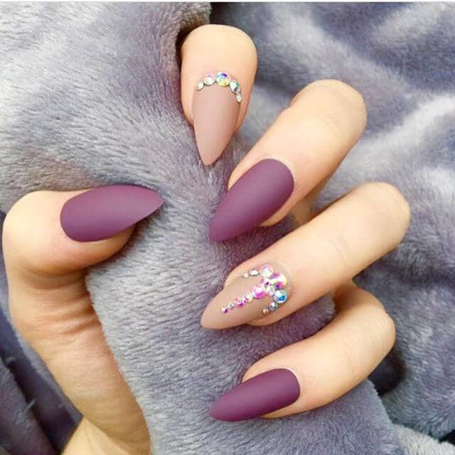 Caramel and  Matte Burgundy Nails with Bling