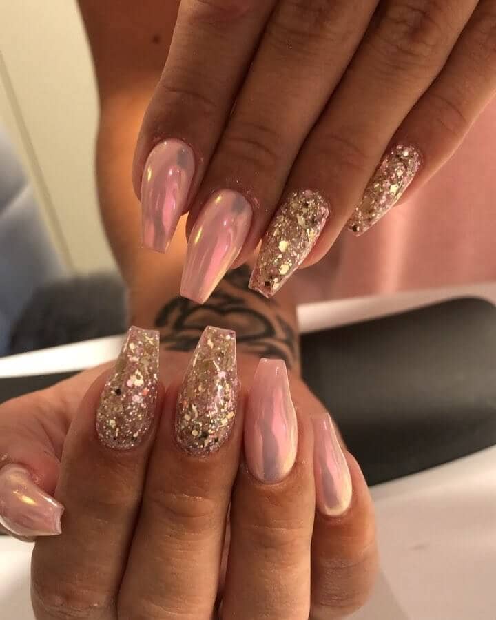 Metallic Pink Ballerina Nails with Sparkly Accents