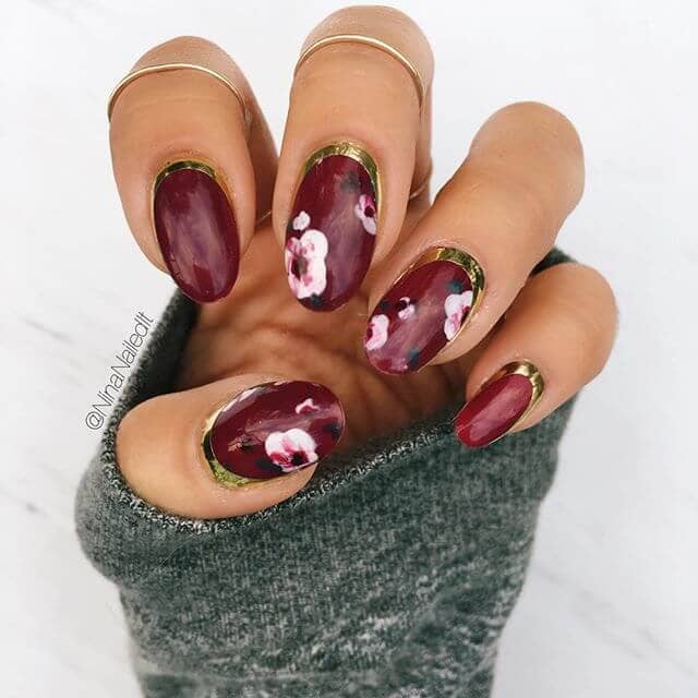  Floral Design Print Half Moon Burgundy Nails