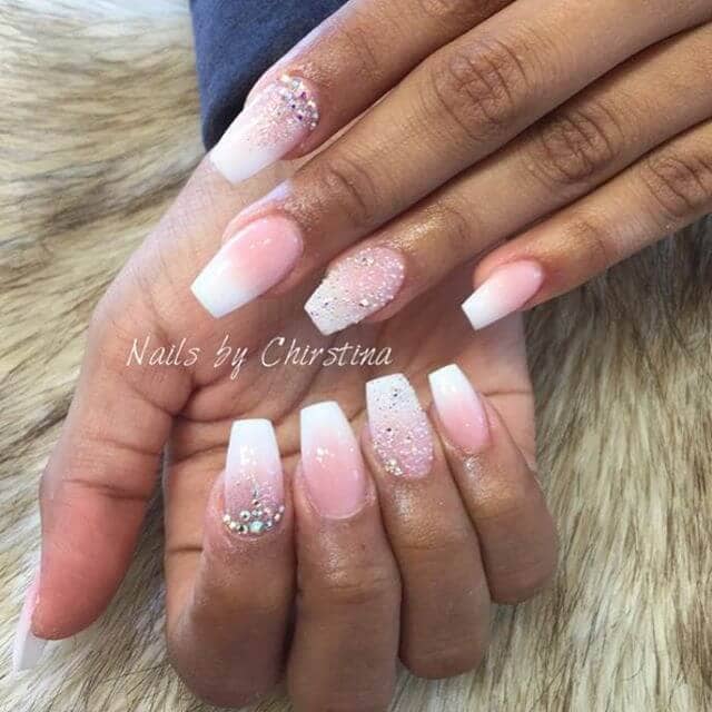 White Tipped Square Nails with Diamonds Encrusted