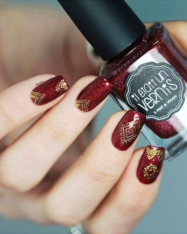 Sparkly Burgundy Nails with Boho Chic Gold Designs