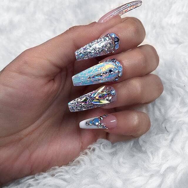 Winter Inspired Icy Blue Nails with Diamonds
