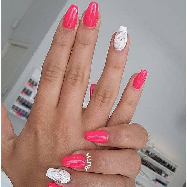  Medium Length Neon Coral Nail Design