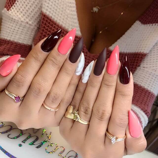 Burgundy Nails and Miami Pink Multicolor Nail Design