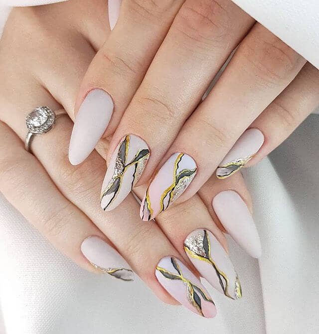 Glamorous Almond Shaped Marbled Manicure