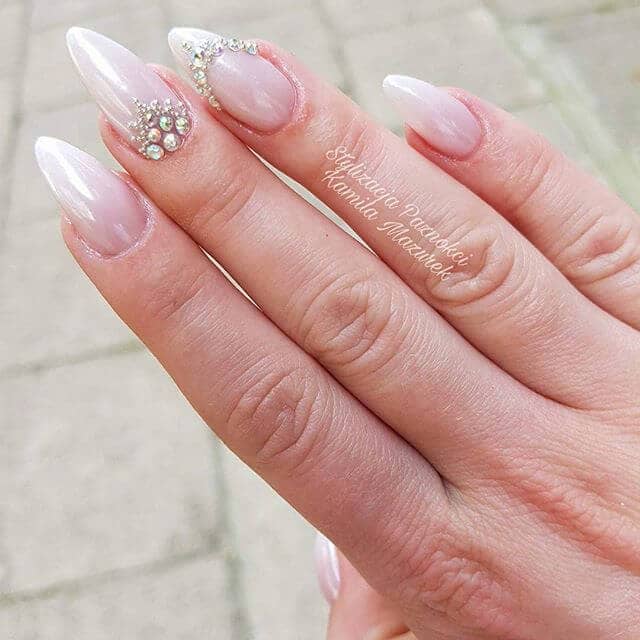 White Ombre Almond Nails with Pearls