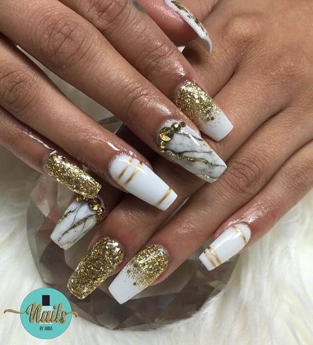 White and Gold Glitter Ombre Nail Art
