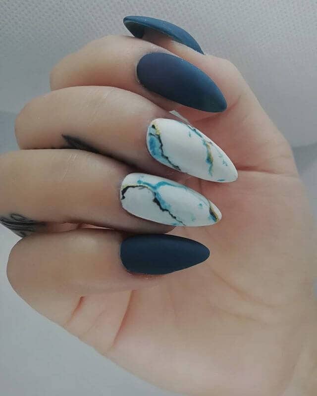 Matte Navy and White Stiletto Shaped Manicure