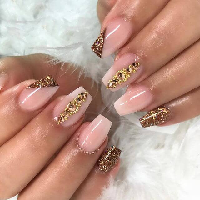 Natural Glossed Nails with Gold Diamond Art