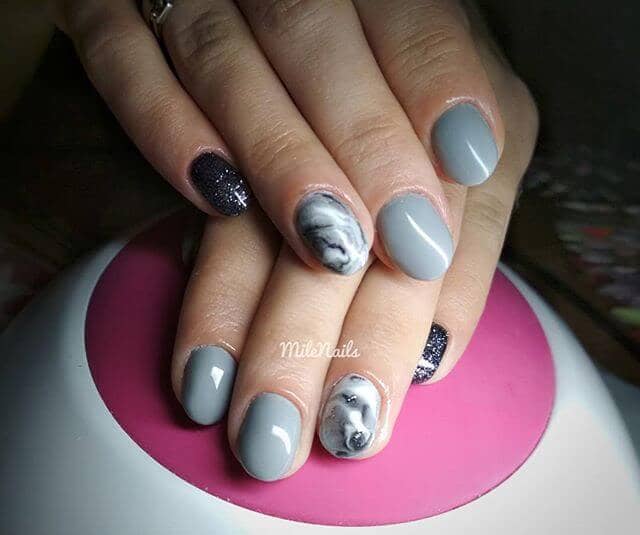 Short Light Grey Manicure with Gunmetal Glitter