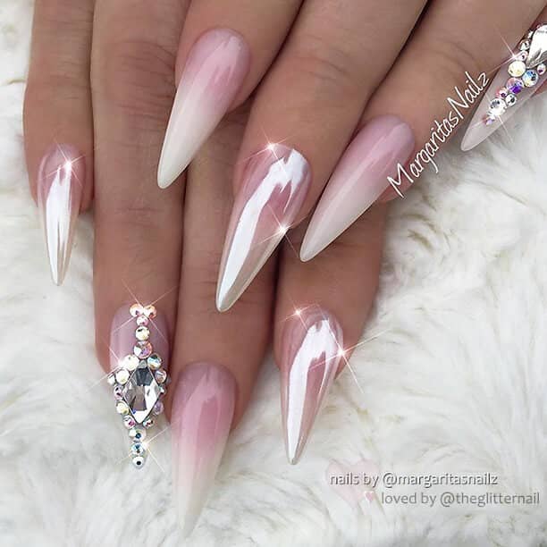 Jeweled Metallic Pink and White Ombre Nails