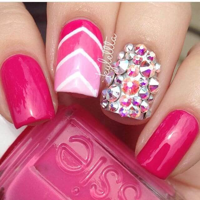  Pink and White Chevron Nails with Diamonds