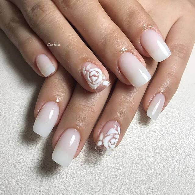 Opaque White Nails with Clear Rose Accent