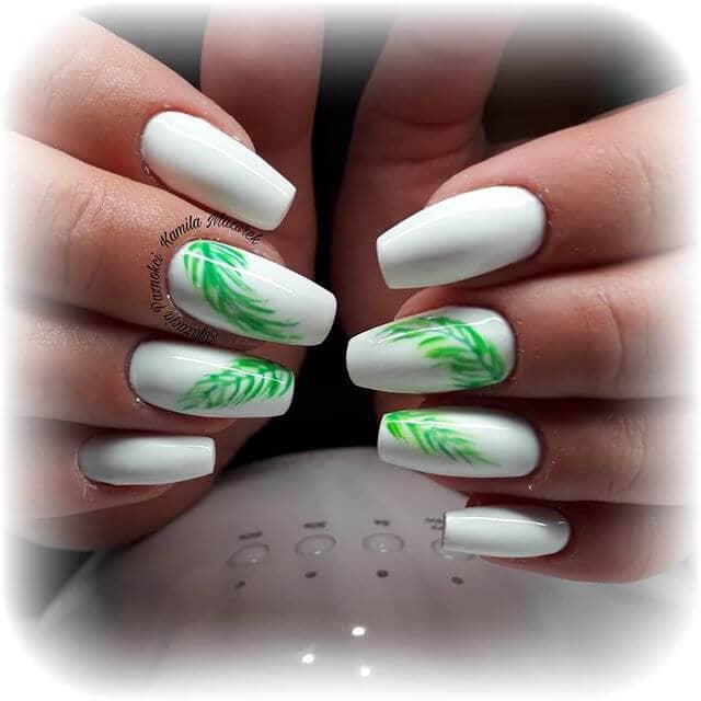  Beautiful Green Foliage on Bright White Nails