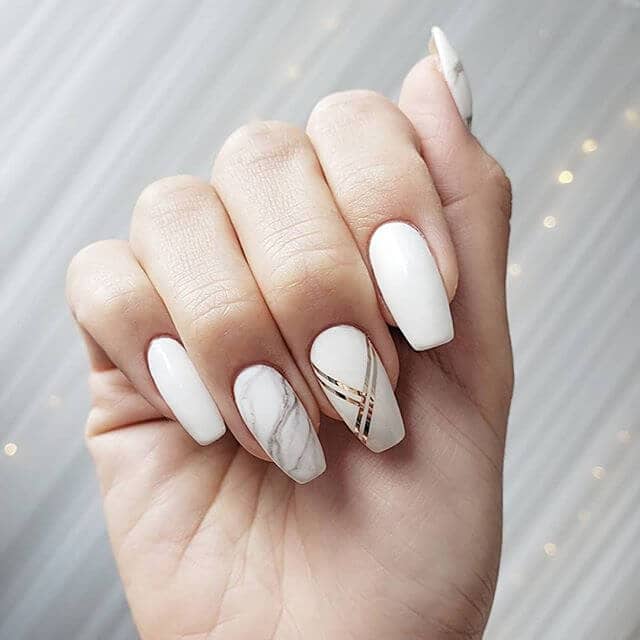 Brilliant Milky White Nails with Marbled and Foil Accents