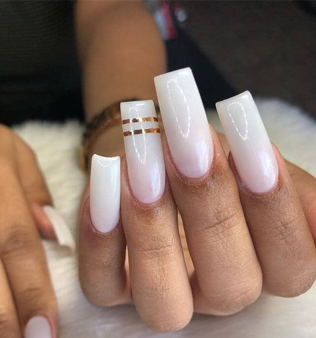 Inspired Beauty: Long Square Bright White Acrylics with Gold Nails Accent and French Tips