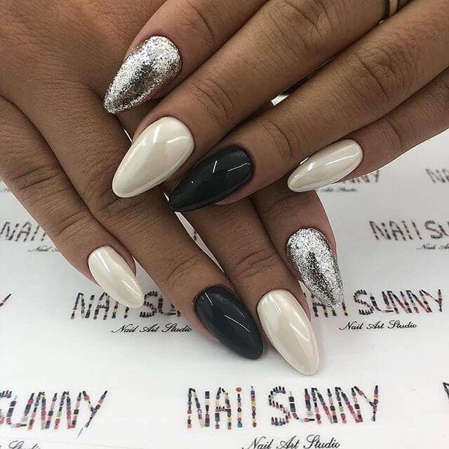 Gorgeous and Silky Black, White, and Silver Nails, Press on Nails