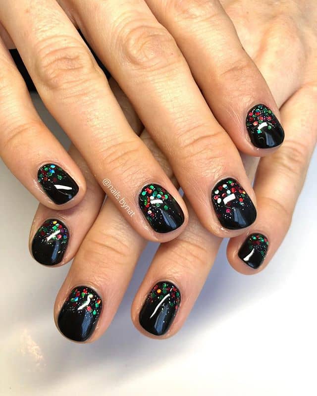 Nail Design: Chic Holiday Glitter Black Squared Short Nail Mani by Nail Artist, Acrylic Nails