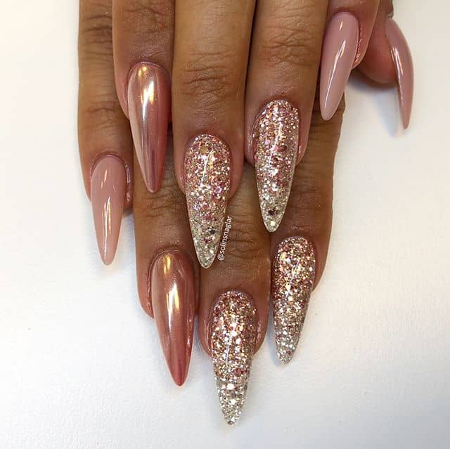 Hand Painted False Nails Burgundy Nude Rose Gold Glitter Stiletto Press ...