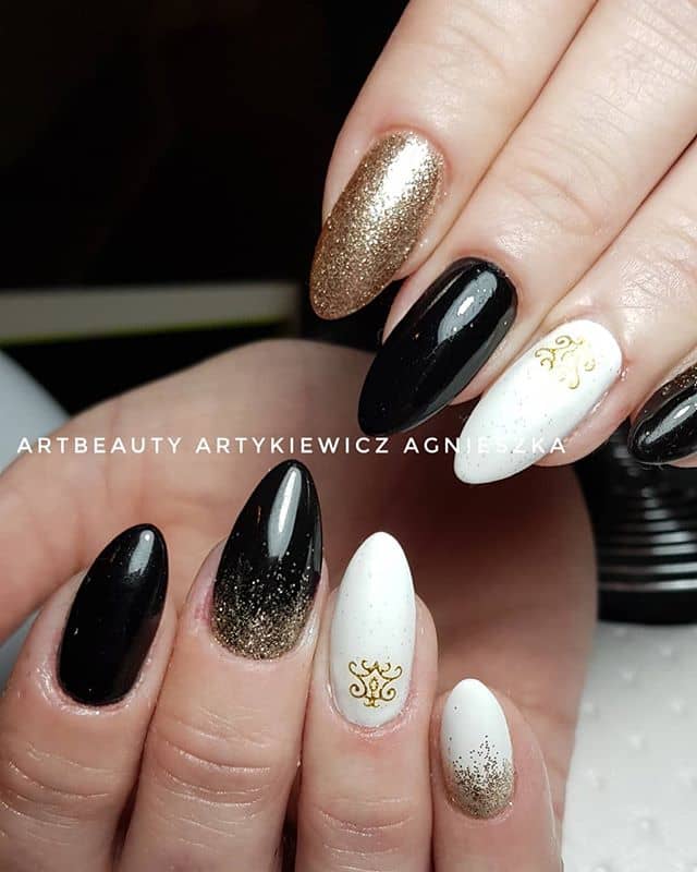 Black and White Nails with Gold Accents