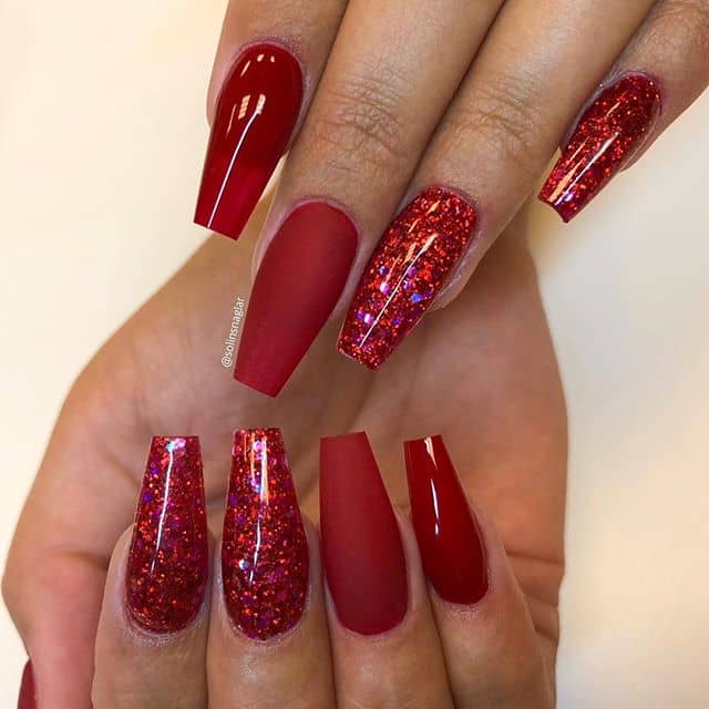 Ruby Red Shimmering Coffin Nails