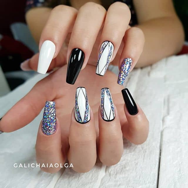 Sparkly, Shiny Black and White Nail Art