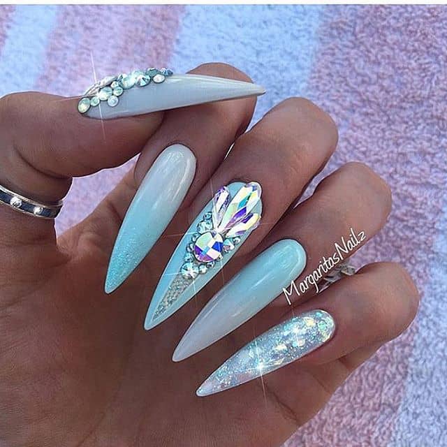 Nail Art: Baby Blue Nails with Crystallized Mermaid Flair Stiletto Nails