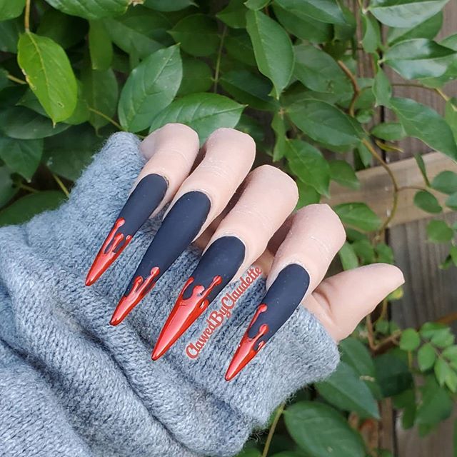 Nail Art: Matte Black Long Red Tipped Stiletto Nails