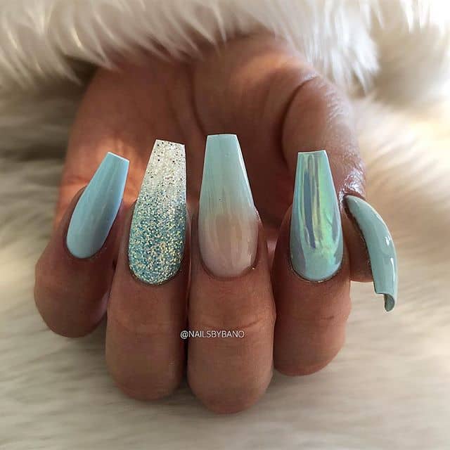 Aquamarine Coffin Nails with Sparkle Accents