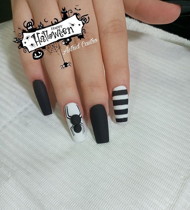Matte Black-White Spider Halloween Nails