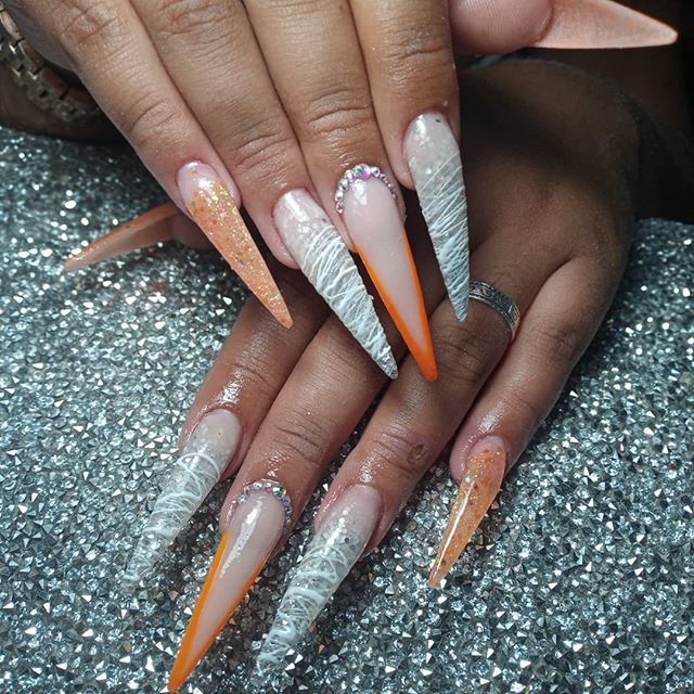 Nail Art: Orange Glitter Gemstone Stiletto Nails