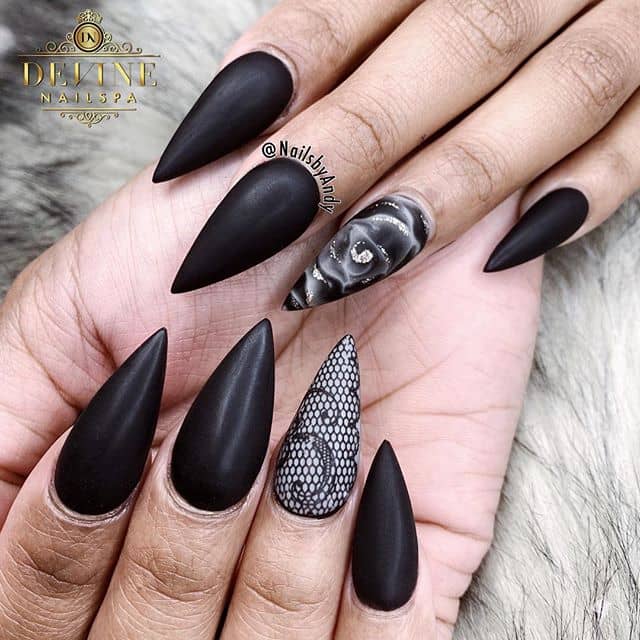 Nail Art: Blunt Matte Black Stiletto Nails with Accents