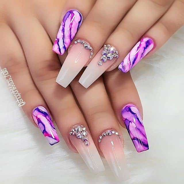 Pink and Purple Nails with Gem Accents