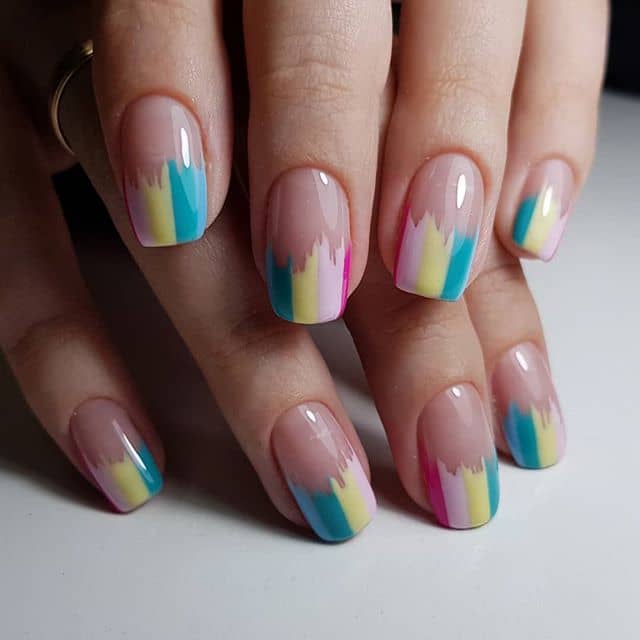 Natural Nails with Colorful Striped Tips