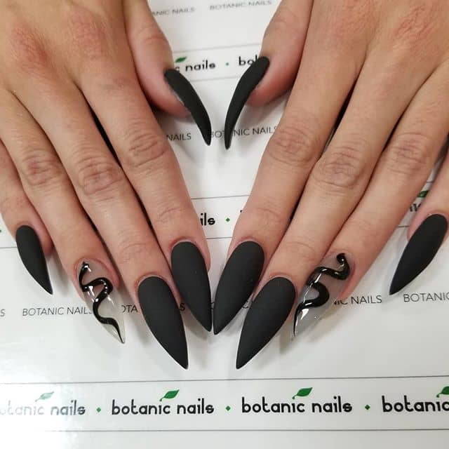 Matte Black Nails with a Snake Accent