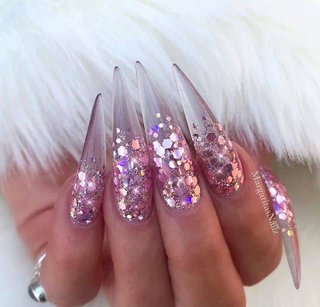 Long Crystal Stilettos with Pink Glitter