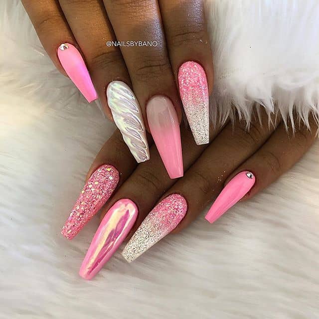 Pink Glitter Stiletto Nails with Pearly Unicorn Horns, Pointy Nails