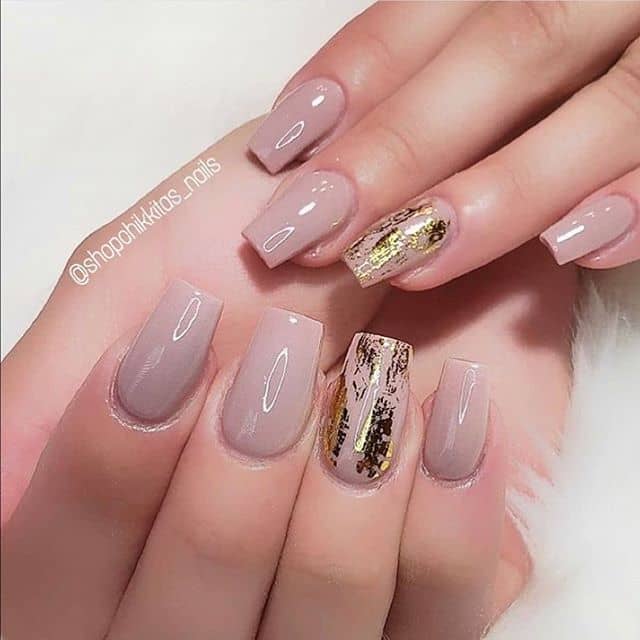 Natural Nude Nails with Gold Foil Details