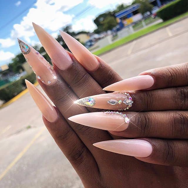 Milky Nude Stiletto Nails with Dazzling Decals