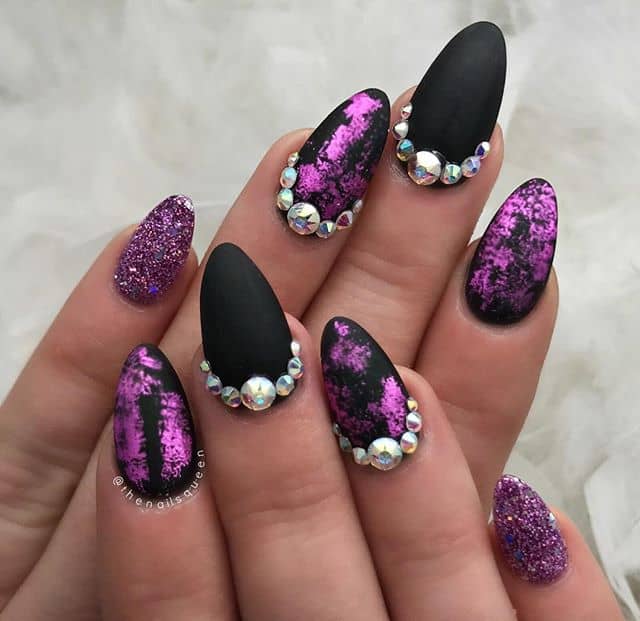 Regal Matte Black and Shining Purple Nails