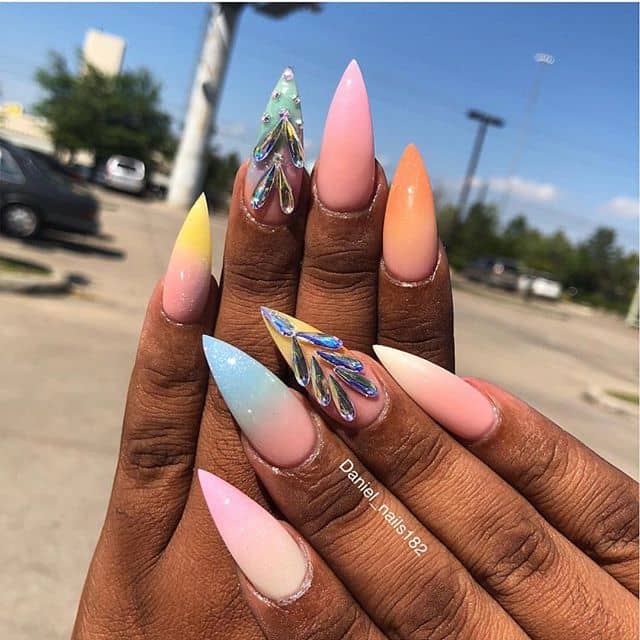 Stiletto Nails: Assorted Pastel Ombré Nails with Crystal Accents, Pointy Nails