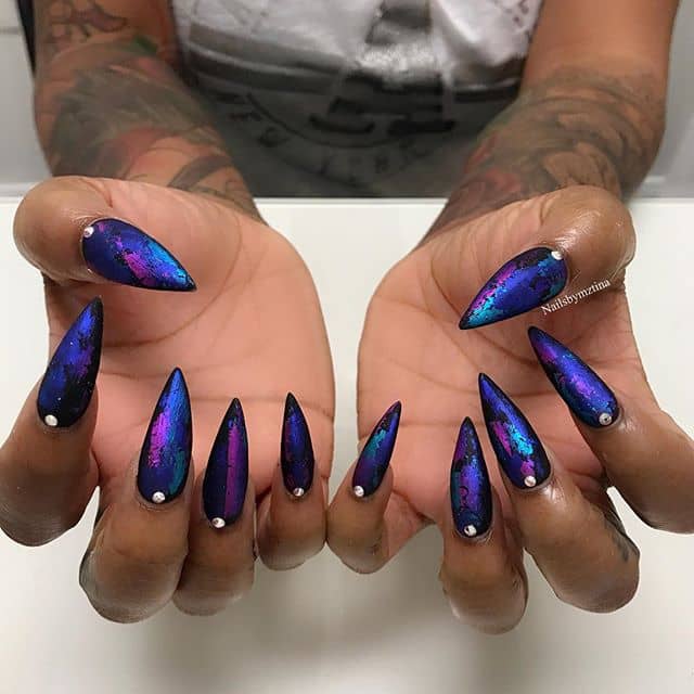 Blue and Purple Galaxy Stiletto Nails with Rhinestones
