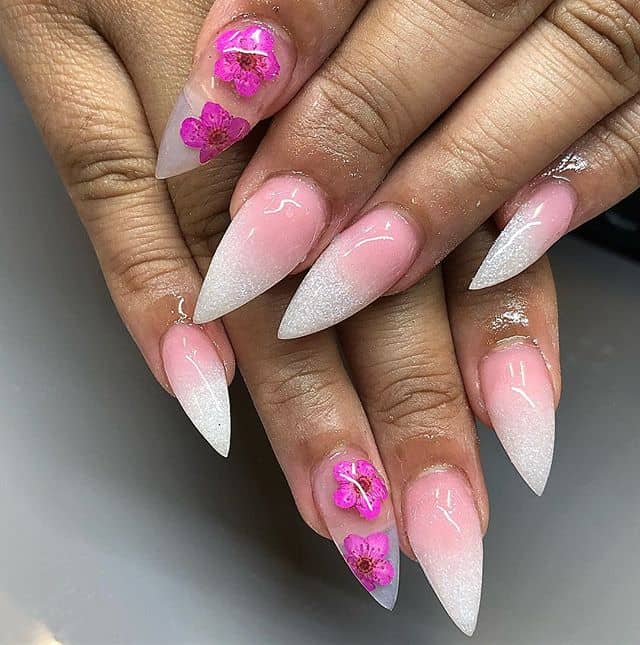 Pink and White Ombre Stiletto Nails with Flower Accents